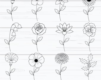 Birth Flowers SVG, Birth Sign Svg, Family Name Sign Svg, Floral Svg, Botanical Svg, Minimalist Floral Design, Line Art, Digital Download