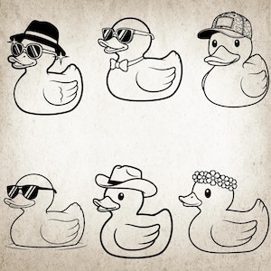 May include: A black and white illustration of six rubber ducks, each sporting different accessories. One duck is wearing a fedora and sunglasses, another a bow tie and sunglasses, and a third a camouflage cap.