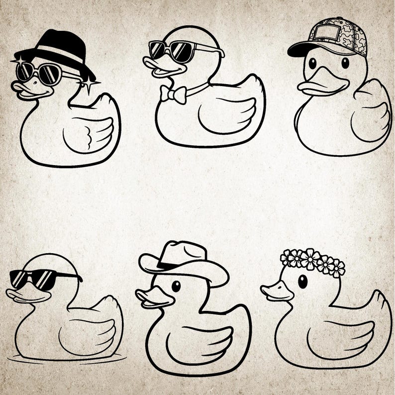 May include: A black and white illustration of six rubber ducks, each sporting different accessories. One duck is wearing a fedora and sunglasses, another a bow tie and sunglasses, and a third a camouflage cap.