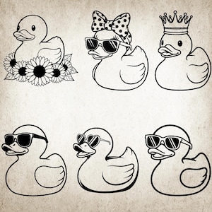 May include: Six black and white cartoon duck illustrations. The ducks are depicted with accessories such as sunglasses, crowns, and bows. One duck is surrounded by sunflowers. The designs are simple and suitable for various applications.