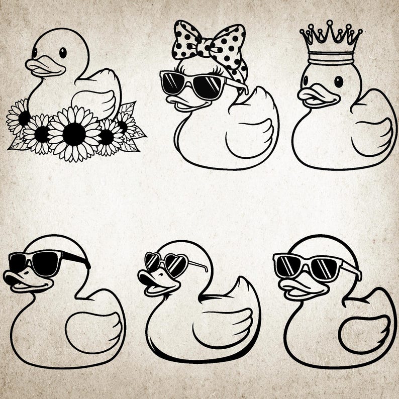 May include: Six black and white cartoon duck illustrations. The ducks are depicted with accessories such as sunglasses, crowns, and bows. One duck is surrounded by sunflowers. The designs are simple and suitable for various applications.