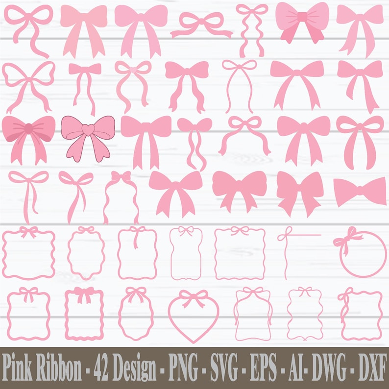 May include: A digital collection of 42 pink ribbon designs, featuring a variety of bow styles and decorative frames. The image showcases the designs in a digital format, ideal for crafting and design purposes. The text "Pink Ribbon - 42 Design - PNG - SVG - EPS - AI - DWG - DXF" is included.