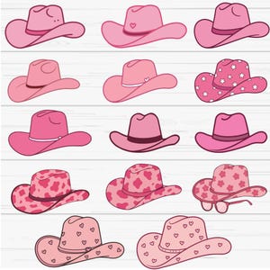 May include: A set of 12 pink cowboy hats with various designs, including hearts, stars, and cow print. The hats are all pink and have a wide brim.