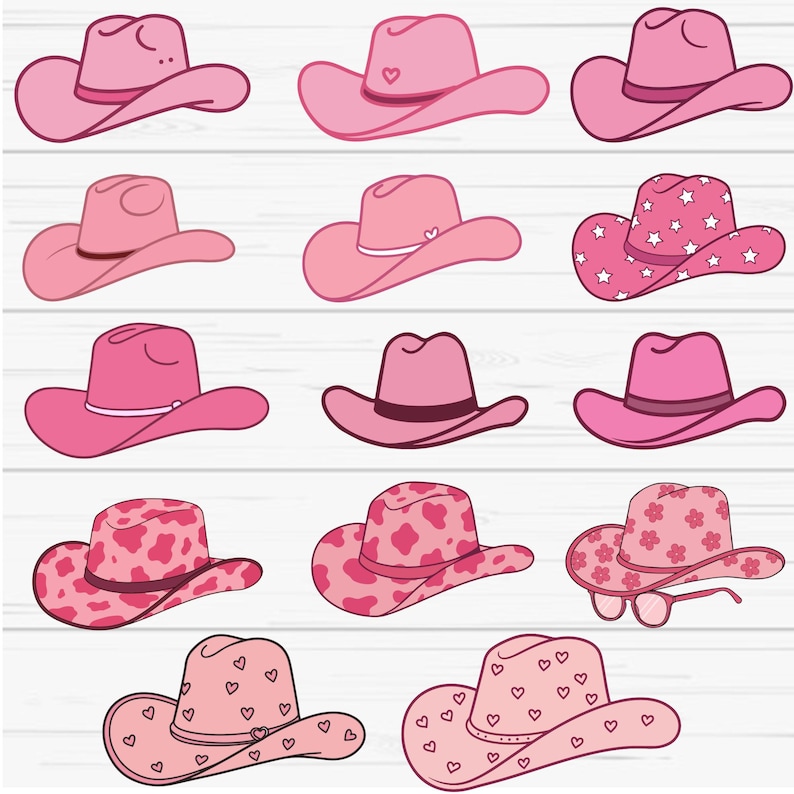 May include: A set of 12 pink cowboy hats with various designs, including hearts, stars, and cow print. The hats are all pink and have a wide brim.