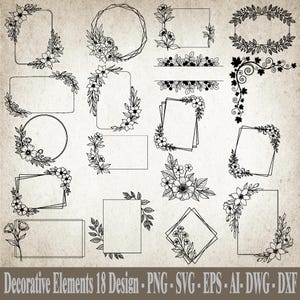 Może przedstawiać: Zbiór 18 czarno-białych dekoracyjnych elementów kwiatowych, w tym ramek, obramowań i narożników. Projekty przedstawiają różne kształty, takie jak prostokąty, okręgi i diamenty, ozdobione kwiatami i liśćmi. Tekst na dole brzmi "Decorative Elements 18 Design - PNG - SVG - EPS - AI - DWG - DXF."
