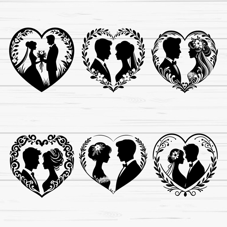 May include: Six black and white silhouette images of couples in heart-shaped frames. Each image features a bride and groom facing each other. The frames are decorated with floral and leafy designs.