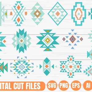 May include: A set of 18 digital cut files featuring geometric patterns in turquoise, orange, and brown. The patterns are inspired by Native American designs and are perfect for crafting projects.