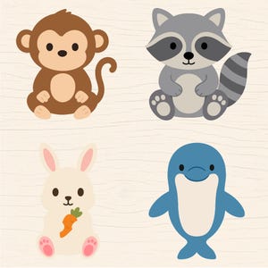 May include: Four cartoon animal illustrations: a brown monkey, a gray raccoon with a striped tail, a white bunny holding a carrot, and a blue dolphin. All are sitting on a light beige background.