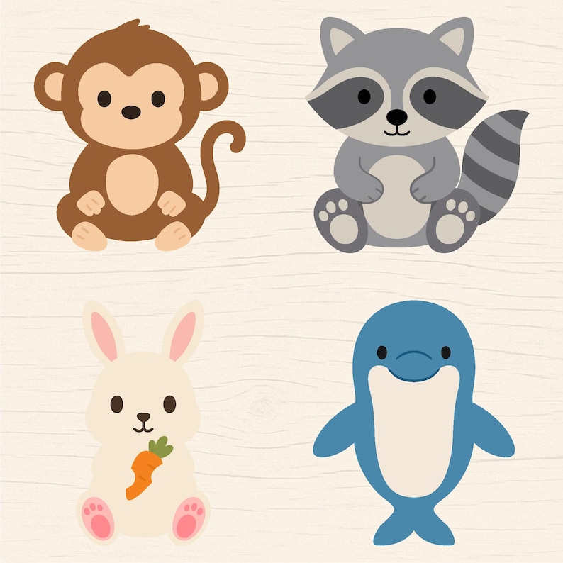 May include: Four cartoon animal illustrations: a brown monkey, a gray raccoon with a striped tail, a white bunny holding a carrot, and a blue dolphin. All are sitting on a light beige background.