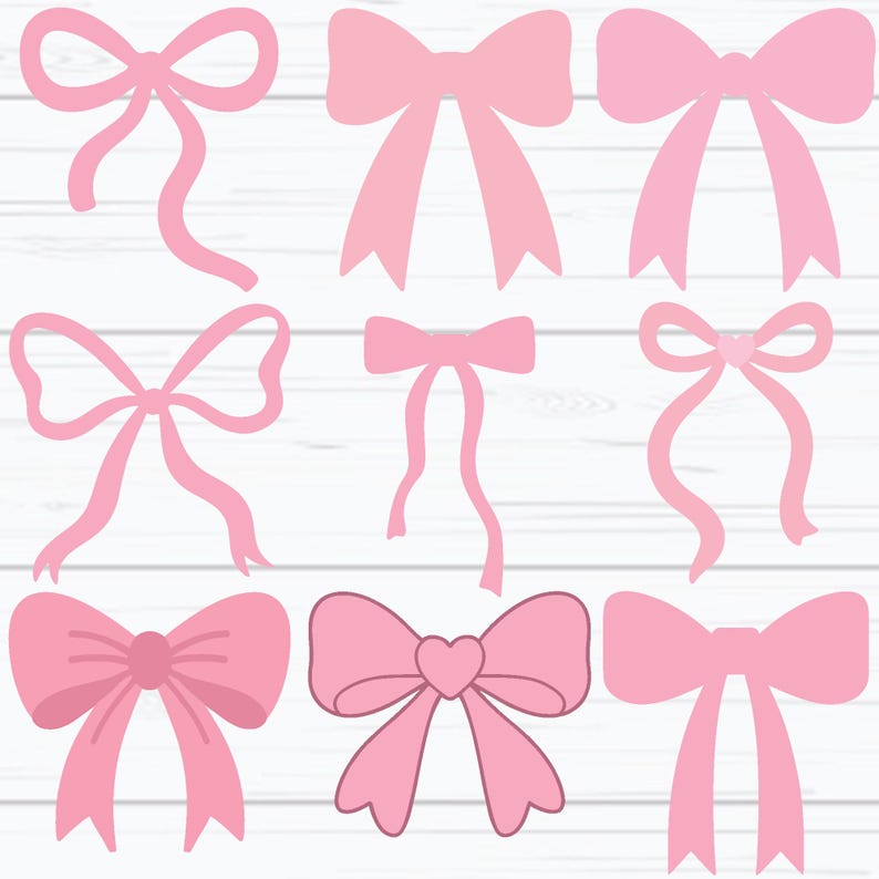 May include: Nine pink bows in diverse designs are displayed. Some bows have long, flowing ribbons, while others feature a heart-shaped centre. The bows are presented against a white wood grain background, offering a clean contrast to the pink.