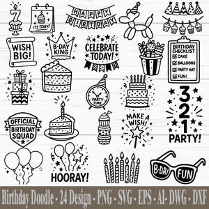 Peut inclure: Ensemble de gribouillis noirs et blancs sur le thème de l'anniversaire. Comprend des gâteaux, des ballons, des chapeaux de fête, des cadeaux et du texte tel que "Joyeux Anniversaire". L'image contient également le texte "Birthday Doodle - 24 Design."