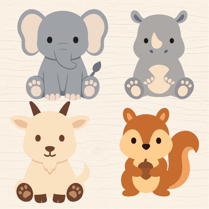 May include: A collection of four cartoon animal illustrations: an elephant, a rhinoceros, a goat, and a squirrel. The elephant and rhino are gray, the goat is beige, and the squirrel is brown, holding an acorn. All are sitting.