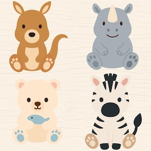 May include: Four cartoon animal illustrations: a brown kangaroo, a gray rhinoceros, a cream-colored bear holding a blue fish, and a zebra with black stripes. All animals are sitting on a light wood-grain background.
