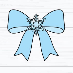 May include: A light blue bow with a snowflake in the center. The bow has a black outline and is set against a white wood grain background. The snowflake is also outlined in black.