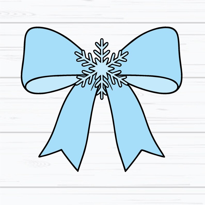 May include: A light blue bow with a snowflake in the center. The bow has a black outline and is set against a white wood grain background. The snowflake is also outlined in black.
