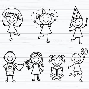 Puede incluir: Ilustraci&oacute;n en blanco y negro de siete ni&ntilde;os con figuras de palo. Los ni&ntilde;os est&aacute;n involucrados en diversas actividades, como saltar a la cuerda, usar sombreros de fiesta y jugar al baloncesto.