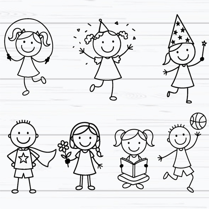 Puede incluir: Ilustraci&oacute;n en blanco y negro de siete ni&ntilde;os con figuras de palo. Los ni&ntilde;os est&aacute;n involucrados en diversas actividades, como saltar a la cuerda, usar sombreros de fiesta y jugar al baloncesto.