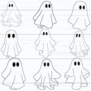 May include: Nine white ghost illustrations with black oval eyes are arranged on a white wooden background. The ghosts have varying draped sheet designs, perfect for Halloween or spooky-themed crafts and decorations.