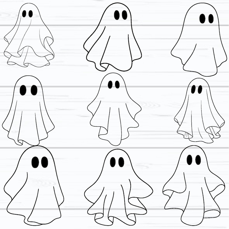 May include: Nine white ghost illustrations with black oval eyes are arranged on a white wooden background. The ghosts have varying draped sheet designs, perfect for Halloween or spooky-themed crafts and decorations.