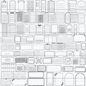 May include: A selection of monochrome stationery illustrations, featuring notepads, labels, tags, and checklists. The designs are hand-drawn and vary in shape and style, ideal for journaling or planning. The image is a flat lay.
