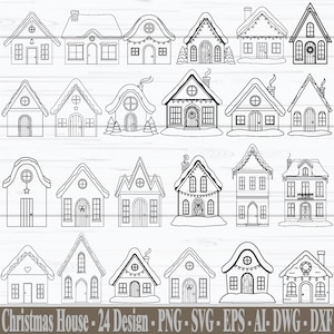 Könnte beinhalten: Eine Sammlung von 24 schwarz-weißen Designs von Weihnachtshäusern. Jedes Haus weist einzigartige architektonische Details auf, darunter unterschiedliche Dachformen, Fenster und Türen. Der Text "Christmas House - 24 Design - PNG - SVG - EPS - AI - DWG - DXF" ist enthalten.
