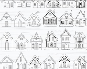 Winter House SVG, Christmas House Svg, Doodle Christmas Svg, Christmas Scene Svg, House Clipart, Outline, Cricut, Digital Download
