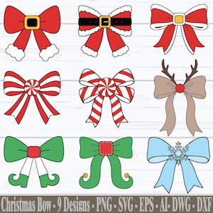 May include: Nine Christmas bow designs in various styles, including red bows with gold buckles and white trim, candy cane bows, and a blue bow with a snowflake. The image includes the text "Christmas Bow - 9 Designs - PNG - SVG - EPS - AI - DWG - DXF."