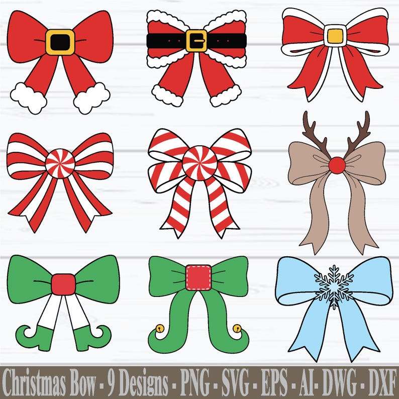 May include: Nine Christmas bow designs in various styles, including red bows with gold buckles and white trim, candy cane bows, and a blue bow with a snowflake. The image includes the text "Christmas Bow - 9 Designs - PNG - SVG - EPS - AI - DWG - DXF."