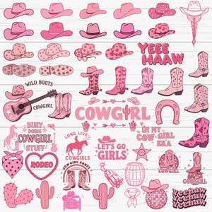 Könnte beinhalten: Rosa und weiße Cowgirl-Clipart mit Bildern von Stiefeln, Hüten, Gitarren, Pferden, Kakteen und Text wie "Yeehaw", "Cowgirl", "Wild Boots", "Long Live Cowgirls", "Let's Go Girls", "In My Cow Girl Era", "Busy Doing Cowgirl Stuff" und "Rodeo".