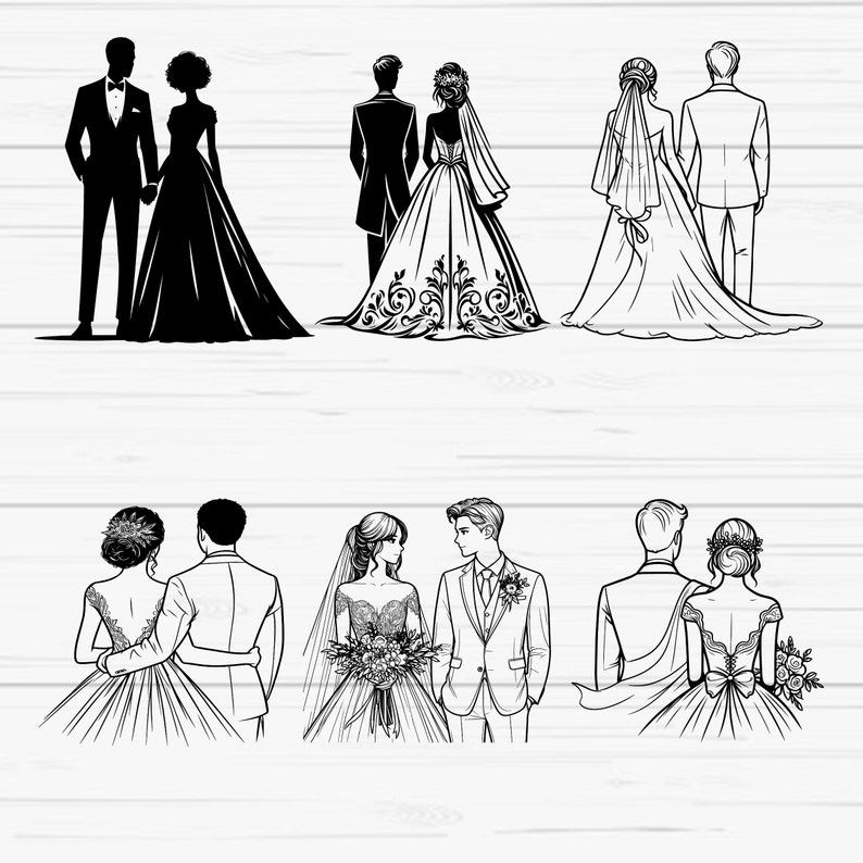 May include: A set of six black and white illustrations of wedding couples. The couples are depicted in different poses, including holding hands, standing back to back, and looking at each other. The illustrations are simple and elegant, and would be perfect for use in wedding invitations, save-the-dates, or other wedding stationery.
