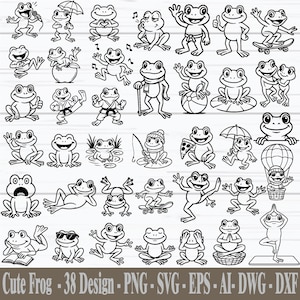 Peut inclure: Une collection de 38 dessins de grenouilles en noir et blanc, dans diverses poses et activités. Les grenouilles sont représentées avec des accessoires tels que des parapluies, des pizzas et des planches à roulettes. Le texte en bas indique "Cute Frog - 38 Design - PNG - SVG - EPS - AI- DWG - DXF."