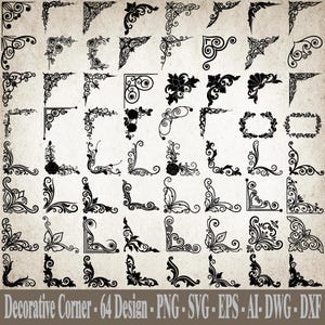 Op de afbeelding: Een verzameling van 64 zwarte decoratieve hoekontwerpen, met verschillende bloemen-, scroll- en geometrische patronen. De ontwerpen worden gepresenteerd op een getextureerde, gebroken witte achtergrond. De tekst onderaan luidt "Decorative Corner - 64 Design - PNG - SVG - EPS - AI - DWG - DXF."