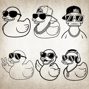 May include: Black and white illustration of six rubber ducks wearing sunglasses. Some ducks have hats and chains, while one makes a peace sign. The ducks have different expressions and accessories.
