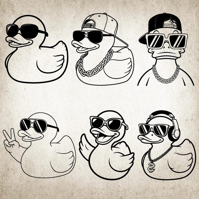 May include: Black and white illustration of six rubber ducks wearing sunglasses. Some ducks have hats and chains, while one makes a peace sign. The ducks have different expressions and accessories.
