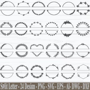 Puede incluir: Una colección de 24 diseños de letras divididas en negro, con varios estilos de coronas y marcos florales y geométricos. Los diseños son adecuados para crear monogramas y manualidades personalizadas. La imagen incluye el texto "Split Letter - 24 Design - PNG - SVG - EPS - AI - DWG - DXF."