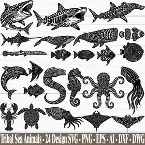 May include: A collection of black and white tribal sea creature designs, featuring sharks, fish, and a whale. The image also includes a lobster, turtle, and stingrays. The text at the bottom reads "Tribal Sea Animals - 24 Design SVG - PNG - EPS - AI - DXF - DWG."