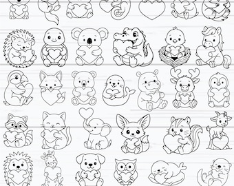 Puede incluir: Dibujos lineales en blanco y negro de 32 animales de San Valentín, cada uno con un corazón. Incluye un ciervo, una nutria, un oso, un camaleón, un ratón, un pájaro, un perezoso, un erizo, un koala, un cocodrilo, un pollito y un caballo.