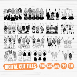 以下が含まれることがあります： 女性グループのさまざまなポーズを描いた、白黒のデジタルカットファイル30点セット。カットマシンで使用するためのファイルで、「DIGITAL CUT FILES」というテキストと「PNG、SVG、JPG、EPS、DXF」というファイルタイプが含まれています。
