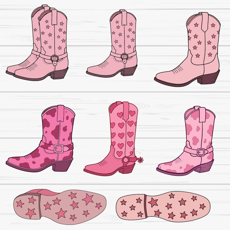 May include: Pink cowboy boots with different patterns, including stars, hearts, and cowhide. The boots are shown with two different sole designs, one with stars and one with a solid design.