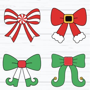 May include: Four Christmas-themed bow illustrations. One bow is red and white striped with a candy center. Another is red with a black buckle and white trim. The other two are green, one with elf shoes and the other with elf ears.