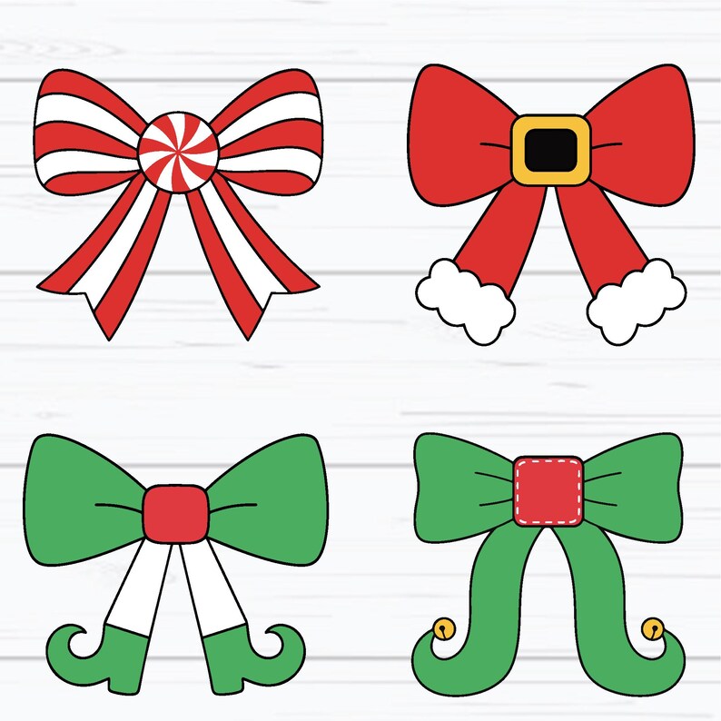 May include: Four Christmas-themed bow illustrations. One bow is red and white striped with a candy center. Another is red with a black buckle and white trim. The other two are green, one with elf shoes and the other with elf ears.