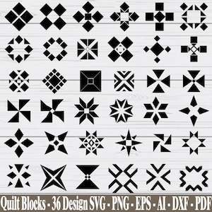 May include: A collection of 36 black geometric quilt block designs arranged in a grid. Each square features unique patterns composed of triangles, diamonds, and squares. The text at the bottom reads Quilt Blocks - 36 Design SVG - PNG - EPS - AI - DXF - PDF.