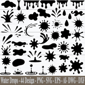 Puede incluir: Una colección de 44 diseños de gotas de agua negras en varias formas y tamaños. Los diseños incluyen goteos, salpicaduras y ondulaciones. El texto "Water Drops - 44 Design - PNG - SVG - EPS - AI - DWG - DXF" está en la parte inferior.