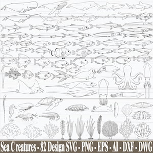 Könnte beinhalten: Schwarz-Weiß-Strichzeichnungen verschiedener Meeresbewohner, darunter Wale, Haie und Fische. Das Bild enthält auch einen Seepferdchen, einen Oktopus und Korallen. Der Text unten lautet "Sea Creatures - 82 Design SVG - PNG - EPS - AI - DXF - DWG."