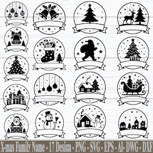 Puede incluir: Colección de 17 diseños navideños en blanco y negro. Cada diseño circular presenta elementos festivos como adornos, campanas, árboles, Papá Noel y muñecos de nieve, con una pancarta para texto. Formatos PNG, SVG, EPS, AI, DWG y DXF.