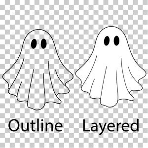 May include: Two white ghost illustrations with black oval eyes. One is an outline, and the other is layered. The text "Outline" and "Layered" are below the images. The background is a transparent grid.