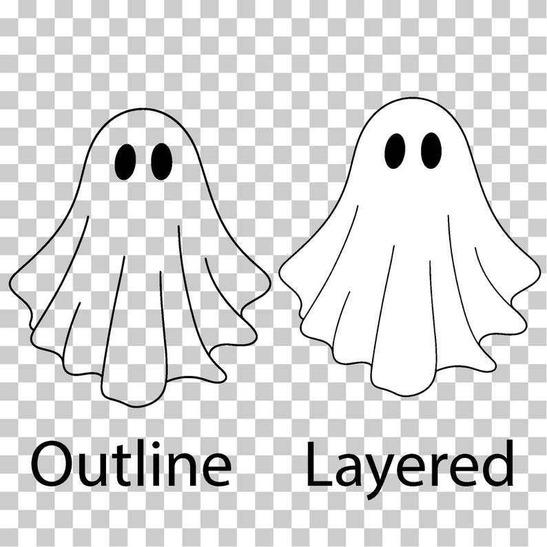 May include: Two white ghost illustrations with black oval eyes. One is an outline, and the other is layered. The text "Outline" and "Layered" are below the images. The background is a transparent grid.