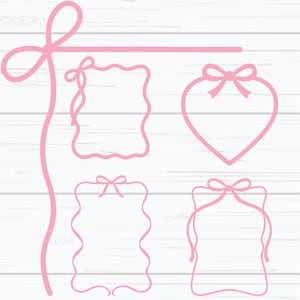 May include: Pink line art elements on a white background. The design includes a large bow, a horizontal line, a heart-shaped frame with a bow, and three rectangular frames with bow accents. The frames have wavy or straight edges.