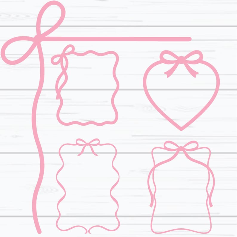 May include: Pink line art elements on a white background. The design includes a large bow, a horizontal line, a heart-shaped frame with a bow, and three rectangular frames with bow accents. The frames have wavy or straight edges.