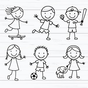 Puede incluir: Dibujo lineal en blanco y negro de seis ni&ntilde;os representados con figuras de palitos. Uno est&aacute; en monopat&iacute;n, otro corriendo, y un tercero sosteniendo un bate y una pelota de b&eacute;isbol. Otros juegan al f&uacute;tbol y pasean a un perro.